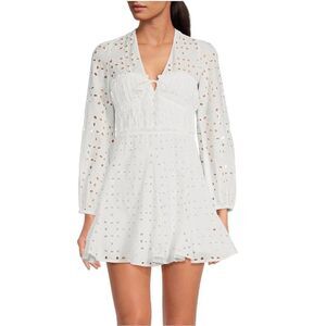 Gianni Bini Katrina Eyelet V-Neck Long Sleeve A-Line Cotton Sun Dress Large NEW